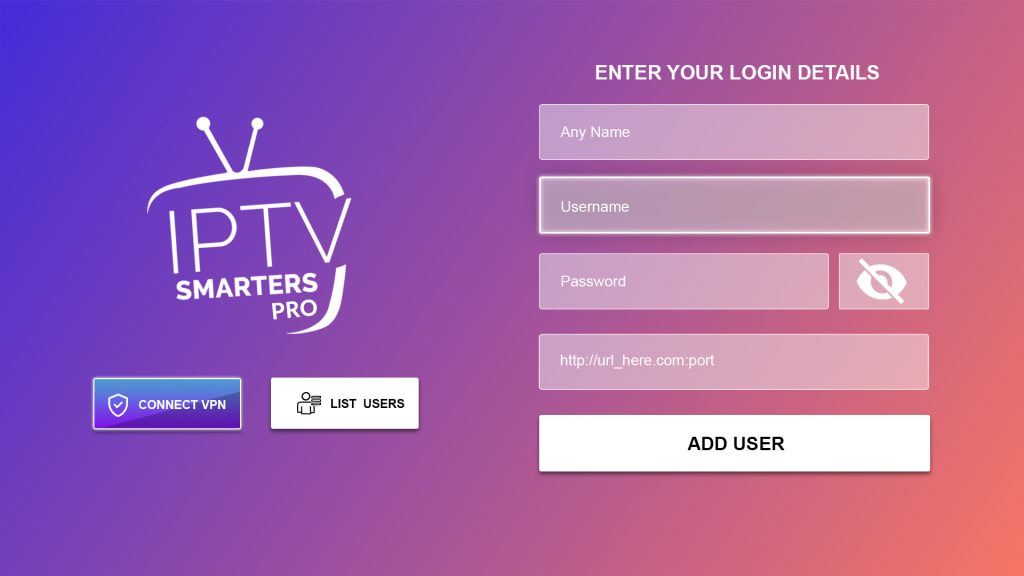 Blank IPTV Smarters login form with profile and server fields