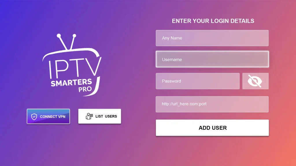 Blank IPTV player login form ready for Firestick credentials