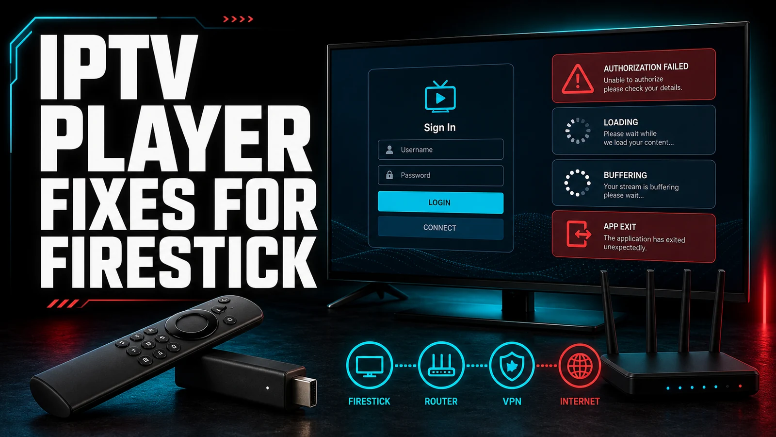 IPTV player troubleshooting on Firestick for authorization, loading, buffering and app exit errors