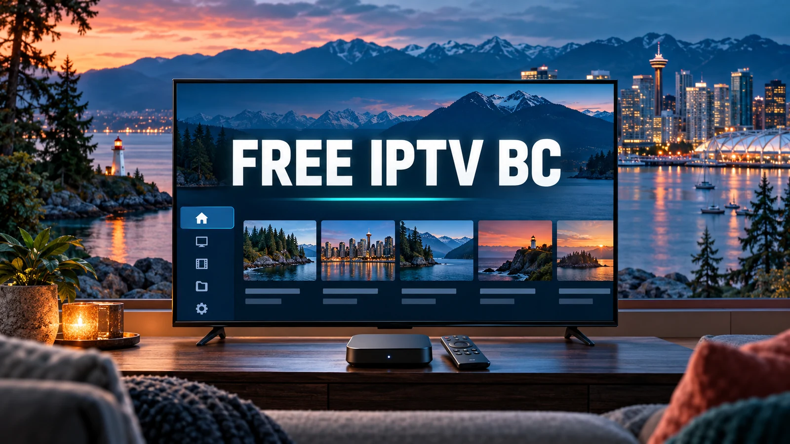 Television showing a free IPTV BC guide against a British Columbia coastal skyline