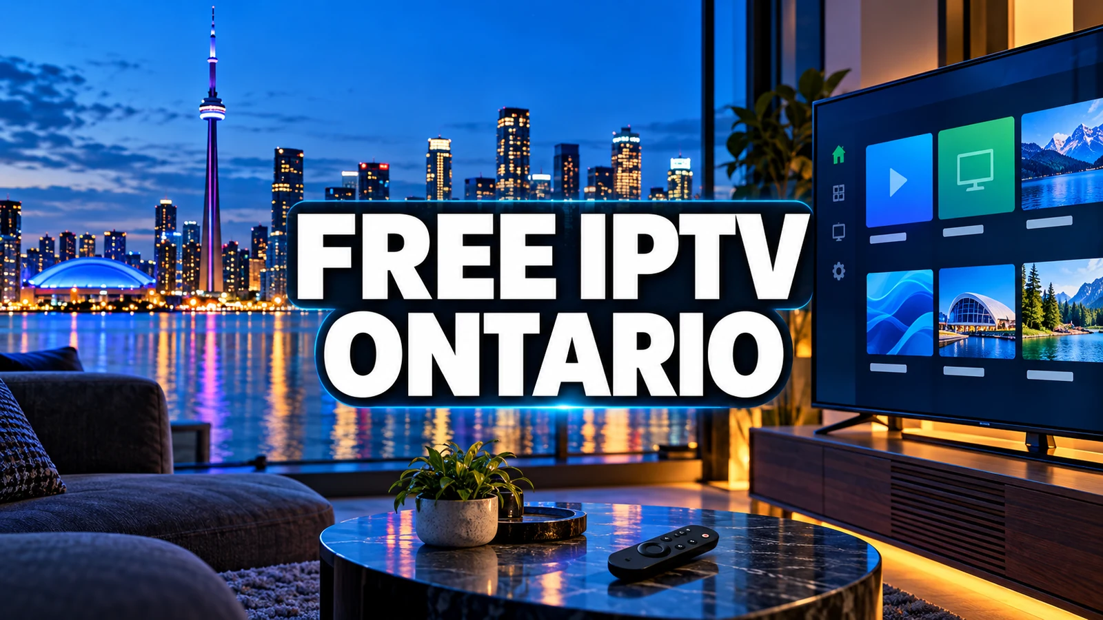 Free IPTV Ontario guide on a television with a Toronto waterfront backdrop